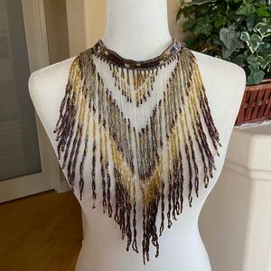 Handmade Beaded Fringe Statement Necklace in Brown and Gold